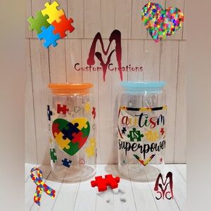 Autism Awareness Puzzle Theme Glass Custom Tumbler 16oz. With Lid & Straw Ea.